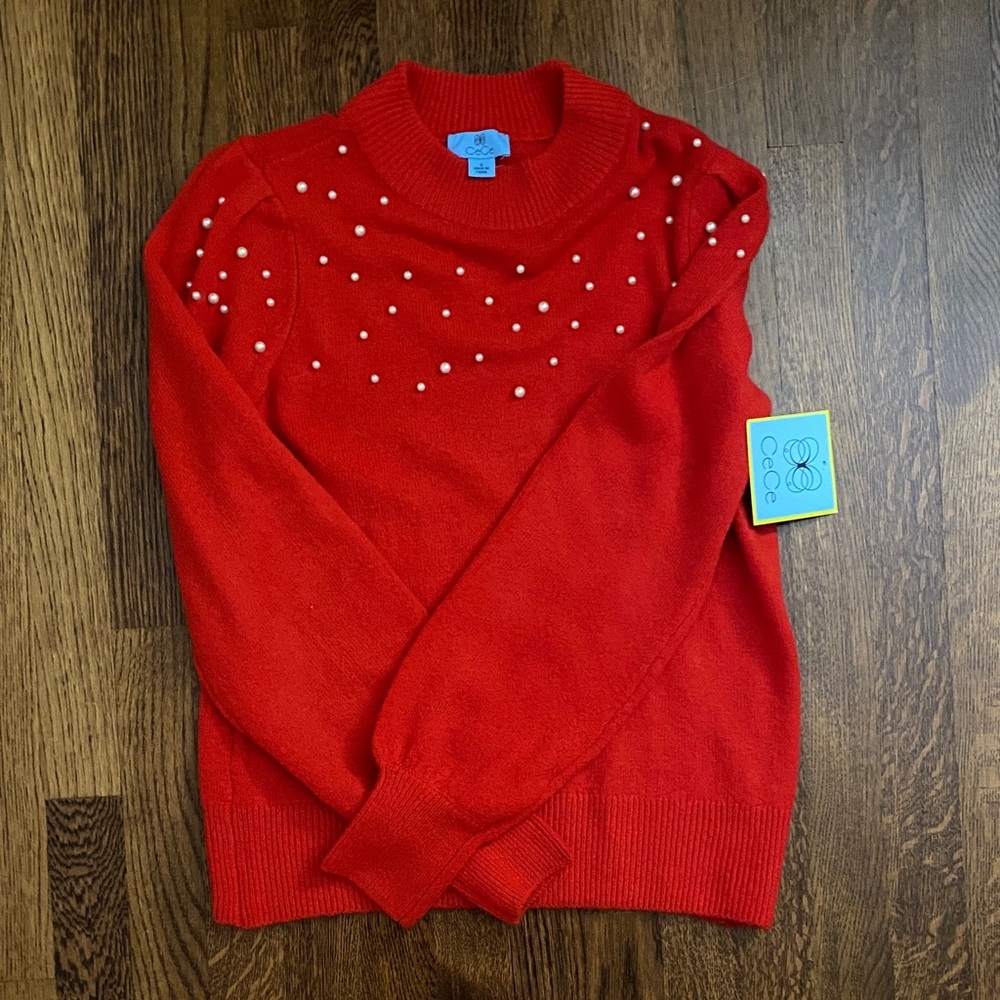 CeCe Red Sweater with Pearl Details